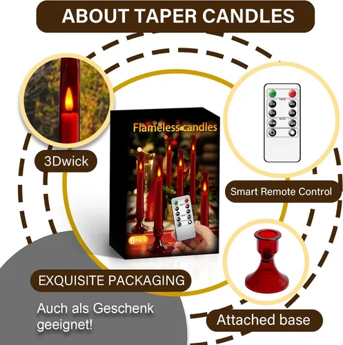 Miniatura 2 de kakoya Velas cónicas sin llama mejoradas con control remoto, 6 piezas de acrílico que funcionan con pilas con palillos de vela, velas LED