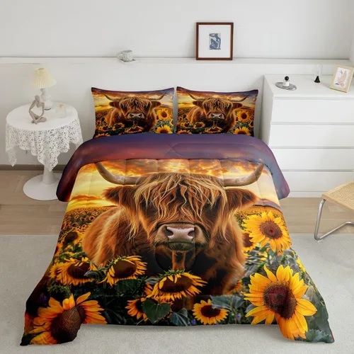 Feelyou Juego de ropa de cama de vaca de las Highland para niños, edredón de ganado con girasol para niñas, adolescentes, juego de edredón de