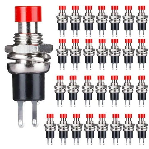 Miniatura 9 de Clyxgs Interruptor de botón momentáneo, SPST Interruptor NC cerrado normal de 2 pines Mini Micro 1A 250V AC Negro+Tapa Roja 30 PCS