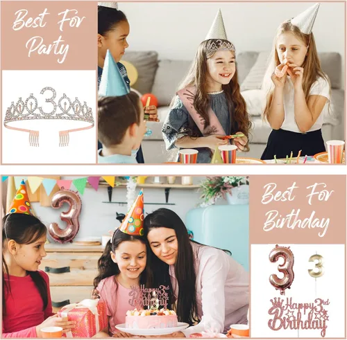 Miniatura 2 de Decoraciones de cumpleaños de 3 para ella – 5 regalos que incluyen corona de tercera tiara, banda, decoración de pasteles, globos, velas