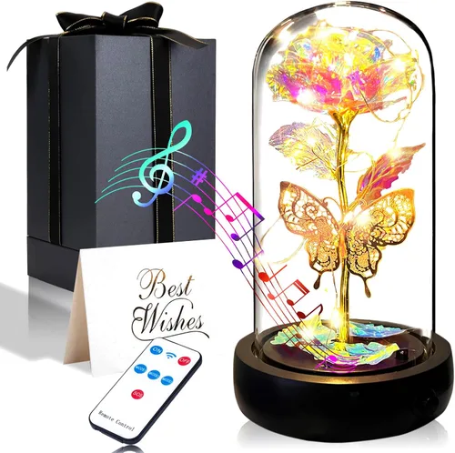 Regalos de rosas de cumpleaños para mujeres y mamá, regalo de rosa de cristal blanco colorido | Rainbow Rose in Glass Dome with Music Box, Light Up