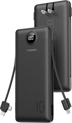 Miniatura 10 de VEGER Cargador portátil con enchufe de pared AC, cargador portátil delgado de 10000 mAh con cables incorporados, banco de energía USB C de 15W