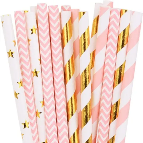 Miniatura 27 de 100 pajitas de papel mixtas para fiestas, color negro, rosa claro, azul, rojo, dorado, con lunares, burbujas, para cumpleaños, baby shower, boda