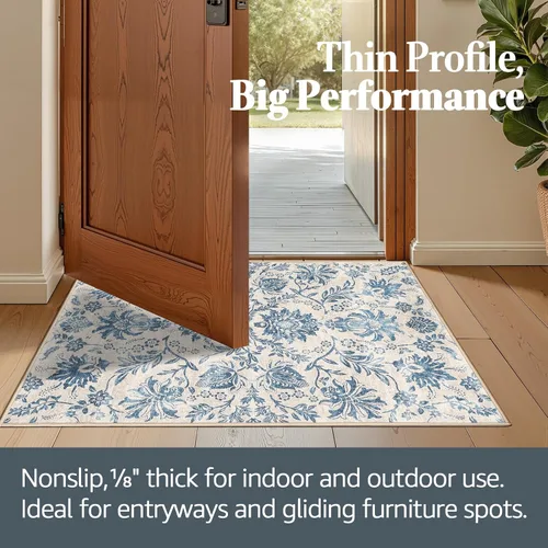 Miniatura 60 de jinchan Lima - Alfombra simétrica floral geométrica lavable, alfombra de entrada de medio círculo de 2 x 3, alfombra de media luna, suave y Azul