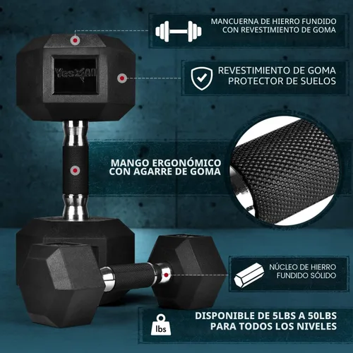 Miniatura 2 de Yes4All Mancuerna Hexagonal con Revestimiento de Agarre de Goma – Pesas de Mano con Antideslizante 5-50 LBS Individual B. 10 libras
