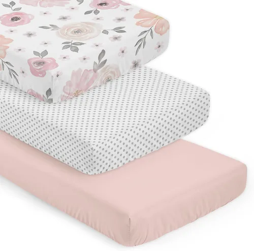 Miniatura 8 de Sweet Jojo Designs Mini sábana de cuna portátil para niña, color rosa y gris, colección floral de acuarela, para mini cuna o paquete y juego solo