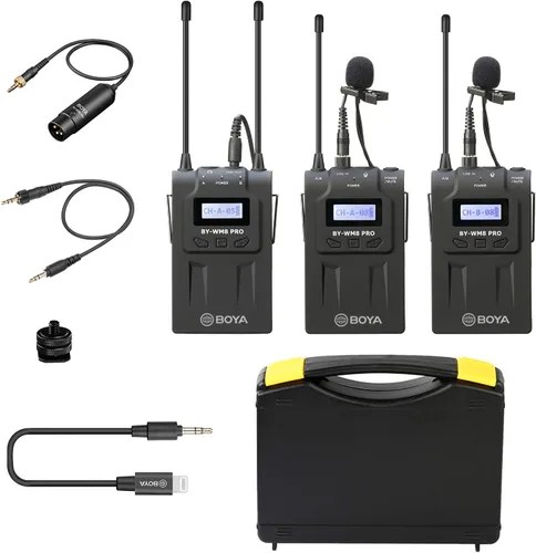 Miniatura 9 de BOYA Micrófono Lavalier inalámbrico dual Smartphone, sistema de doble canal 2 transmisor y 1 receptor para grabadora de cámara réflex digital iPhone