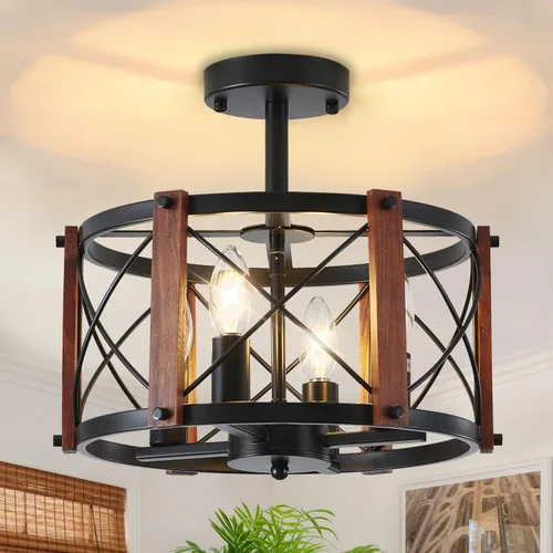 Miniatura 10 de Lámpara de techo moderna de granja de madera semiempotrada, accesorios de iluminación de pasillo y entrada, lámpara de techo industrial rústica de 3
