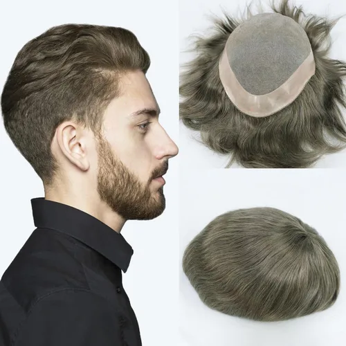 Miniatura 10 de HAPPY&CC Toupee - Piezas de cabello para hombre, sistema europeo de reemplazo de cabello humano de 10 x 8, base mono soldada fina con NPU alrededor