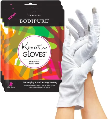 Bodipure Paquete de 3 guantes de queratina para mascarilla de mano premium, paquete de 3 guantes hidratantes para manos secas y agrietadas y guantes