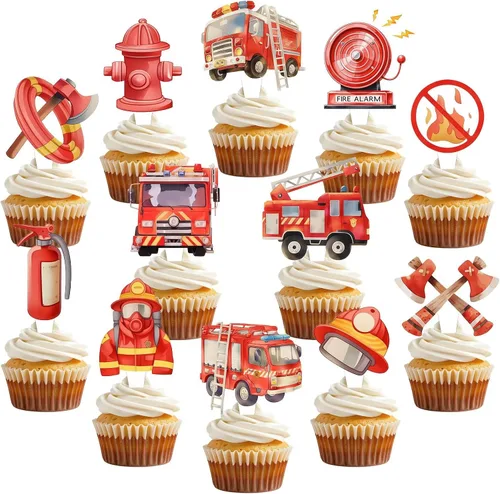 48 piezas de decoraciones de cumpleaños para camiones de bomberos, decoración de cumpleaños de bomberos, decoración de cupcakes para camiones de