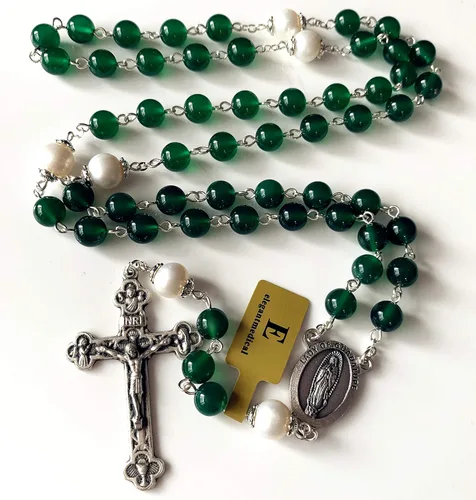 Miniatura 2 de elegantmedical Cuentas de ágata verde hechas a mano y perla real católica guadalupe rosario collar cruz
