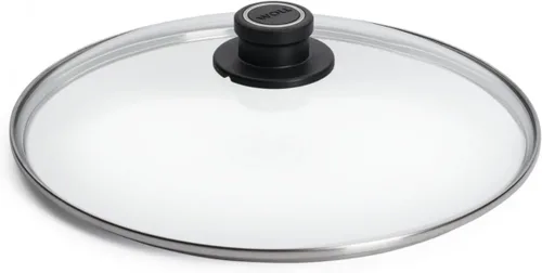 Woll Vidrio templado con borde de acero inoxidable y perilla ventilada tapa redonda, 11 3/4 pulgadas, transparente