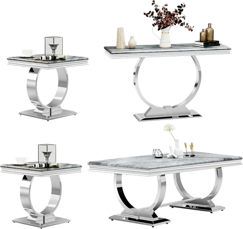 Miniatura 10 de ACEDÉCOR Moderno juego de mesa de centro de 4 piezas, dorado, mesa de mármol sintético, incluye mesa auxiliar, 2 mesas auxiliares, mesa consola, Oro