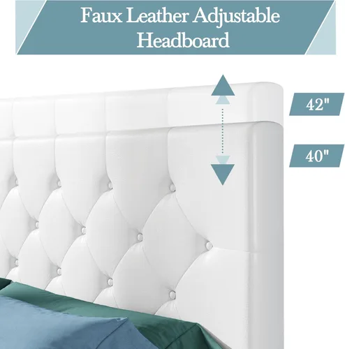 Miniatura 4 de HOOMIC Base de cama de almacenamiento de plataforma de tamaño matrimonial con 4 cajones y cabecera ajustable, listones de madera, no necesita Blanco