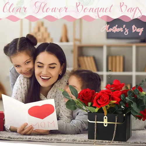 Miniatura 5 de Lincia 12 cajas de flores negras para boda, bolsa de regalo de flores negras, cajas de ramo con asas para arreglos, papel de regalo de ramo