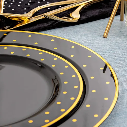 Miniatura 2 de DaYammi 200 platos de plástico dorado y negro con cubiertos, platos desechables negros para fiestas, suministros de oro negro, incluye 40 platos