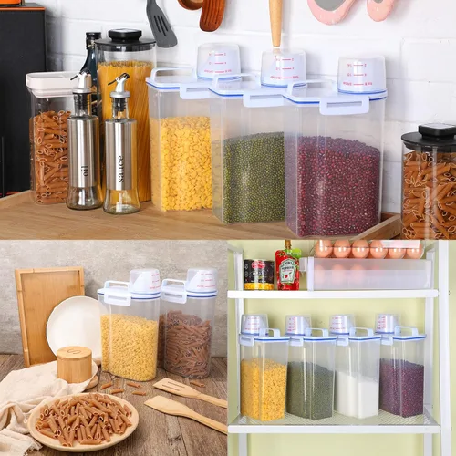 Miniatura 6 de Juego de 4 recipientes herméticos de almacenamiento de alimentos con dispensador de tazas medidoras, recipientes de plástico con tapas para arroz