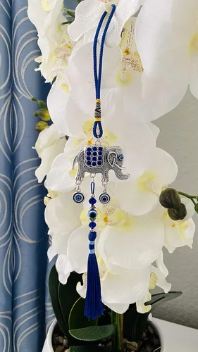 Miniatura 6 de LUCKBOOSTIUM Adorno único y elegante de elefante feliz con cristal azul y borla colgante de protección espiritual para la salud y la buena suerte