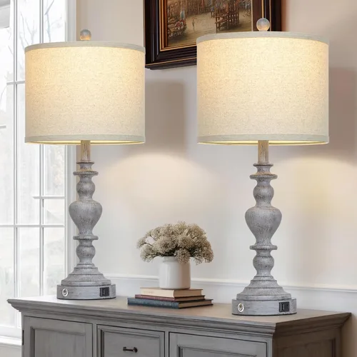 Miniatura 2 de 27" Tall Table Lamps for Living Room, 3-Way Dimmable Touch Control Farmhouse Vintage Table Lamps Set of 2 with USB C+A Ports and AC Outlets, Rustic
