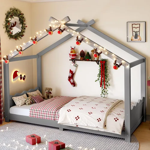 Miniatura 10 de Camas de madera Montessori tamaño individual, cama de plataforma para niños con cabecero y estribo, cama de tienda de campaña, no necesita somier