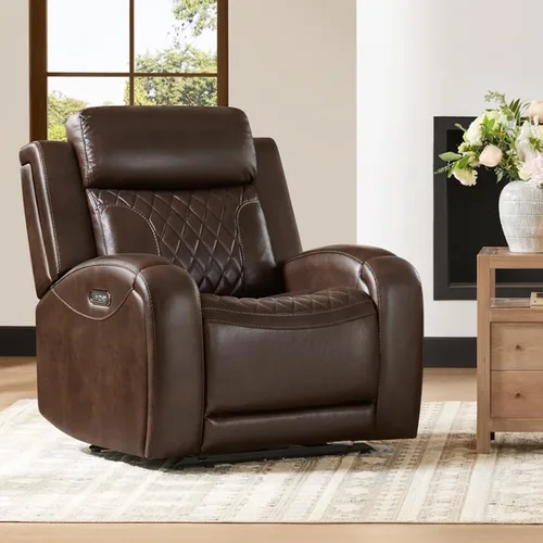 CHITA Silla reclinable de cuero genuino para adultos con reposacabezas eléctrico ajustable, sillón reclinable plano con portavasos extraíbles y