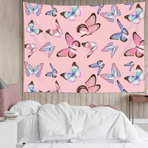 Miniatura 21 de LB Tapiz de mariposa colorido para colgar en la pared, diseño de mariposas de insectos sobre fondo negro, tapiz hippie de fantasía para dormitorio
