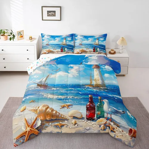 Miniatura 16 de Castle Fairy Juego de edredón de verano para niños, tamaño individual, diseño náutico reversible con diseño náutico de estrellas de mar, barco y Azul