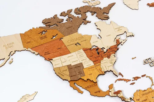 Miniatura 3 de Decoración de pared de mapa del mundo de madera, multicapa, madera teñida multicolor, nombres grabados, diseño 3D único, para cocina, oficina