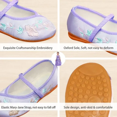 Miniatura 2 de Encanto Costume Shoes for Girls Gorgeous Mary-Jane Ballet Pumps Comfortable Low Heel Round Toe Flats Floral Embroidery Shoes