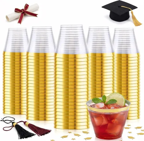 Ciaell 200 vasos de plástico dorados – Vasos de plástico transparente desechables resistentes de 9 onzas con borde dorado para vino, cóctel, fiesta
