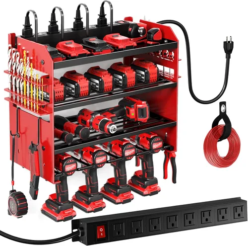 Miniatura 8 de POKIPO Organizador grande de herramientas eléctricas de montaje en pared con estación de carga, 4 capas de metal resistente para almacenamiento