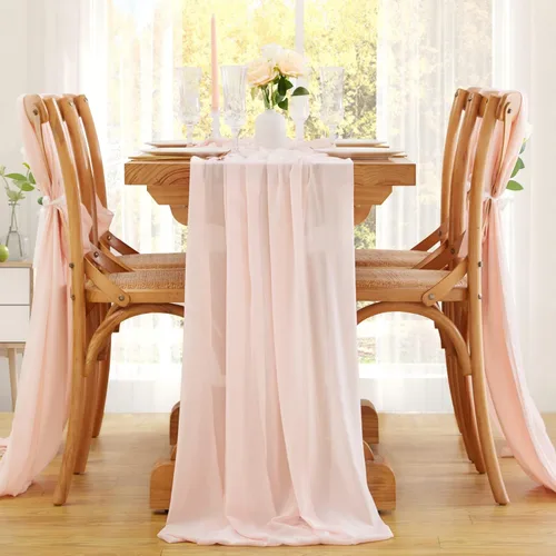 Miniatura 12 de SoarDream - Camino de mesa de gasa, color rosa bebé, de 27 x 120 pulgadas, camino de mesa de estilo romántico ideal para fiesta de boda Púrpura claro