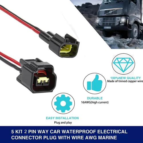 Miniatura 4 de Conectores impermeables de 2 pines, conector de cable eléctrico automotriz impermeable de 16AWG, macho hembra de desconexión rápida para automóvil