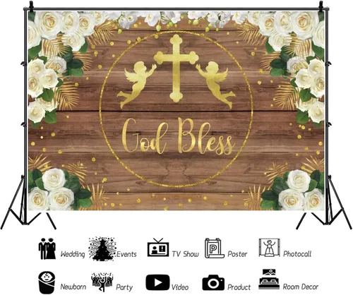 Miniatura 2 de Telón de fondo de madera con texto en inglés "God Bless Bautismo" de 5 x 3 pies, tablero de madera, fondo floral, cruz, primera comunión, iglesia