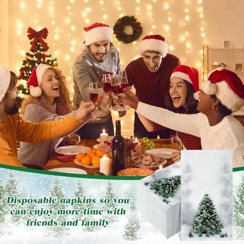 Miniatura 3 de Cholemy 200 piezas de servilletas de Navidad desechables de papel para invitados 2 capas de servilletas de mano bola de árbol de Navidad diseño