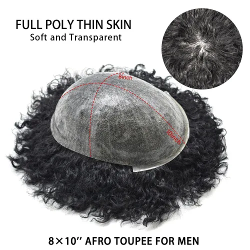 Miniatura 3 de Afro Toupee para hombres negros, piel de polietileno completa, onda de inyección de poliuretano, sistema de repuesto de cabello humano afroamericano
