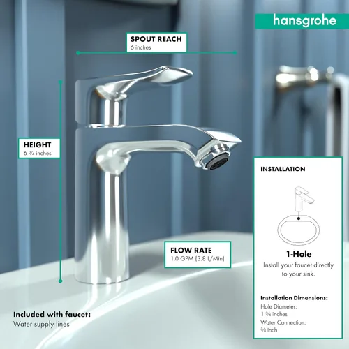 Miniatura 4 de hansgrohe Metris 31204001 - Grifo de lavabo de baño moderno de 1 manija y 7 pulgadas de alto, cromado