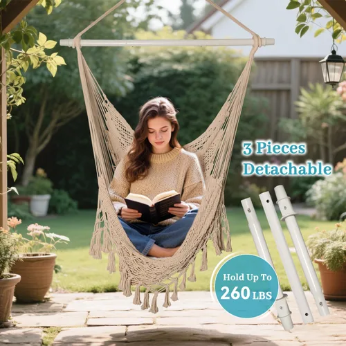 Miniatura 2 de Bathonly Silla hamaca de cuerda de algodón tejida a mano con barra separadora de metal, hamaca caribeña, silla colgante bohemia para dormitorio