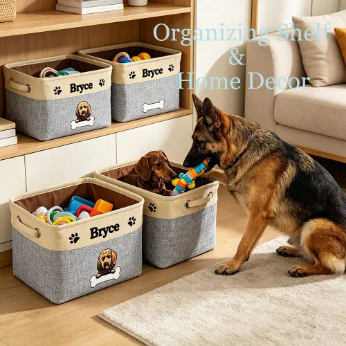 Miniatura 4 de Cesta de almacenamiento plegable personalizada con lindo borde de perro, plegable y resistente de tela resistente para juguetes de mascotas, cubo