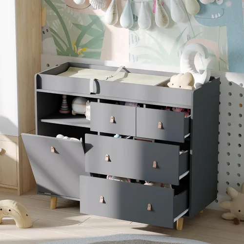 Miniatura 3 de Cambiador de bebé con 5 cajones, cómoda para cuarto de bebé con cesta de lavandería inclinable, organizador de cambiador infantil para guardería