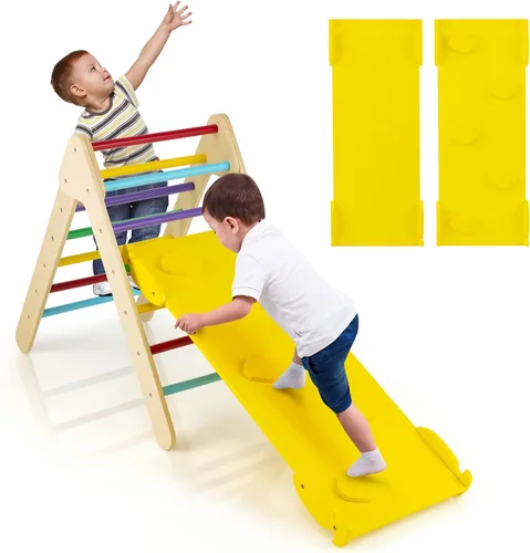 Miniatura 12 de HONEY JOY Arco de escalera de madera para escalar, escalera de escalada para niños 3 en 1 y tabla de columpio con almohadilla acolchada, juego