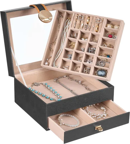 Hzuaneri Joyero de 3 capas, organizador de joyas con tapa de vidrio, 1 soporte individual para joyas, 1 cajón, estuche de joyería de piel sintética,