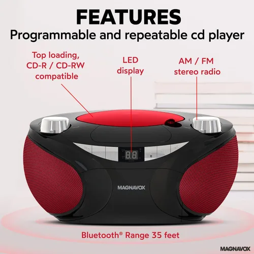 Miniatura 3 de Magnavox MD6949 Boombox de CD portátil de carga superior con radio estéreo AM/FM y tecnología inalámbrica Bluetooth en negro Compatible
