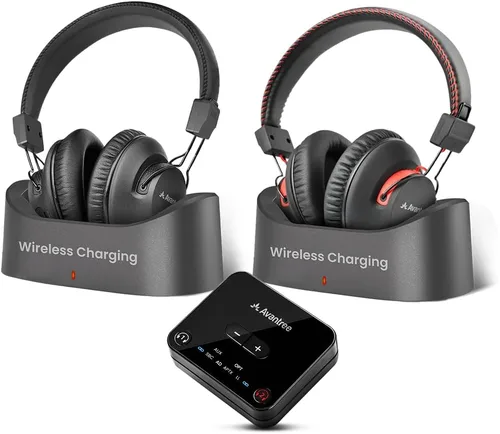 Avantree HT41899 Plus 2 - Auriculares inalámbricos Bluetooth duales para ver televisión con transmisor y bases de carga, aptX adaptativo y soporte