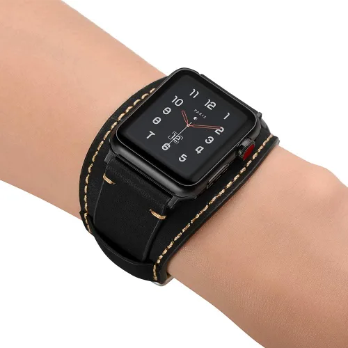 Miniatura 5 de Correa compatible con Apple Watch de 49/46/45/44mm/42mm (Series 3 2 1), pulsera de cuero genuino Crazy Horse compatible con iWatch Ultra/Ultra2 Negro