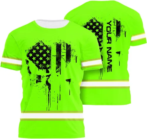 Miniatura 35 de Camisa de alta visibilidad de calavera con bandera de Estados Unidos para hombres, camisas de seguridad con nombre personalizado, ropa de trabajo