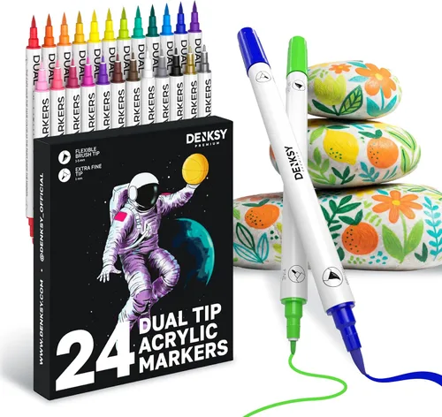 Juego de 24 marcadores de pintura acrílica de doble punta | Marcadores de colores con pincel y puntas extrafinas | Marcadores de arte a base de agua