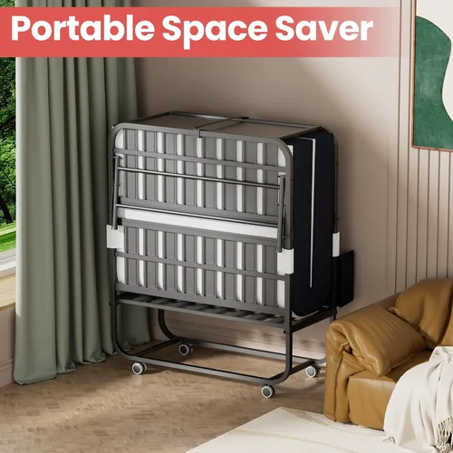 Miniatura 6 de Cama plegable de 75 x 31 pulgadas con colchón para adultos, cama enrollable portátil con ruedas, cabecero y bolsillo, colchón de espuma