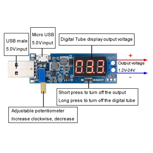 Miniatura 2 de 2 unids USB Buck Boost Convertidor ajustable Step Up Step Up Módulo de fuente de alimentación Regulador de voltaje DC-DC 5V a 3.3V 9V 12V 18V 24V
